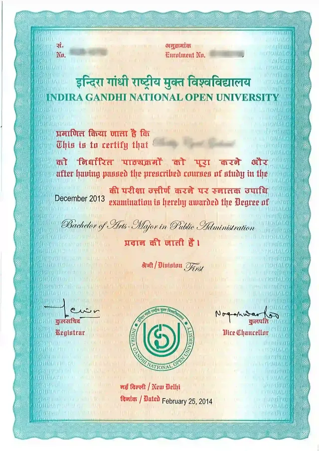 Sample IGNOU degree certificate